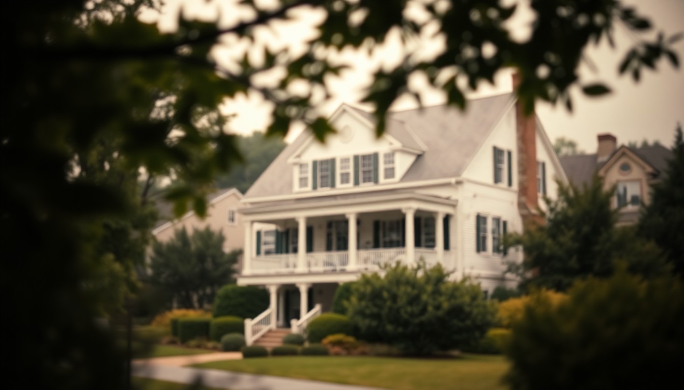 An abstracted, out-of-focus photograph in soft, warm tones depicting the exterior of a classic colonial home surrounded by greenery, conveying a sense of comfort and community.