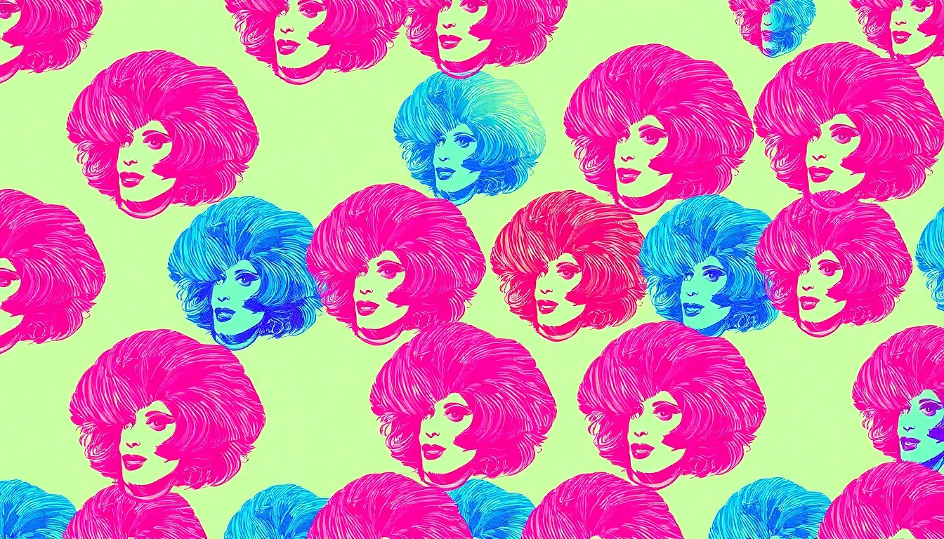 A bold, colorful silkscreen print featuring a drag queen's wig in a repeating grid pattern, capturing the energy and creativity of the student drag show at MSU.