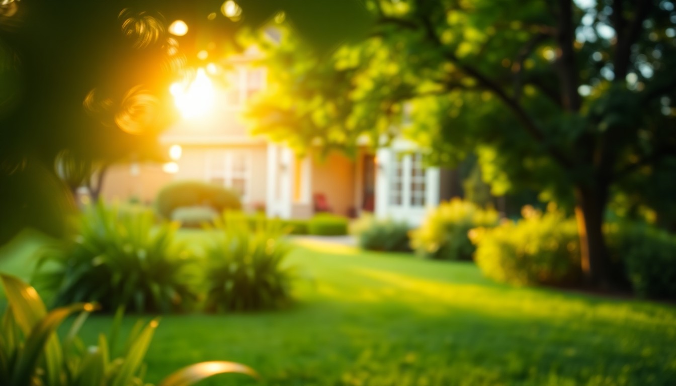 An abstract, impressionistic photograph of a verdant backyard with a blurred, sunlit home in the background, conveying a sense of warmth, comfort, and timeless elegance.