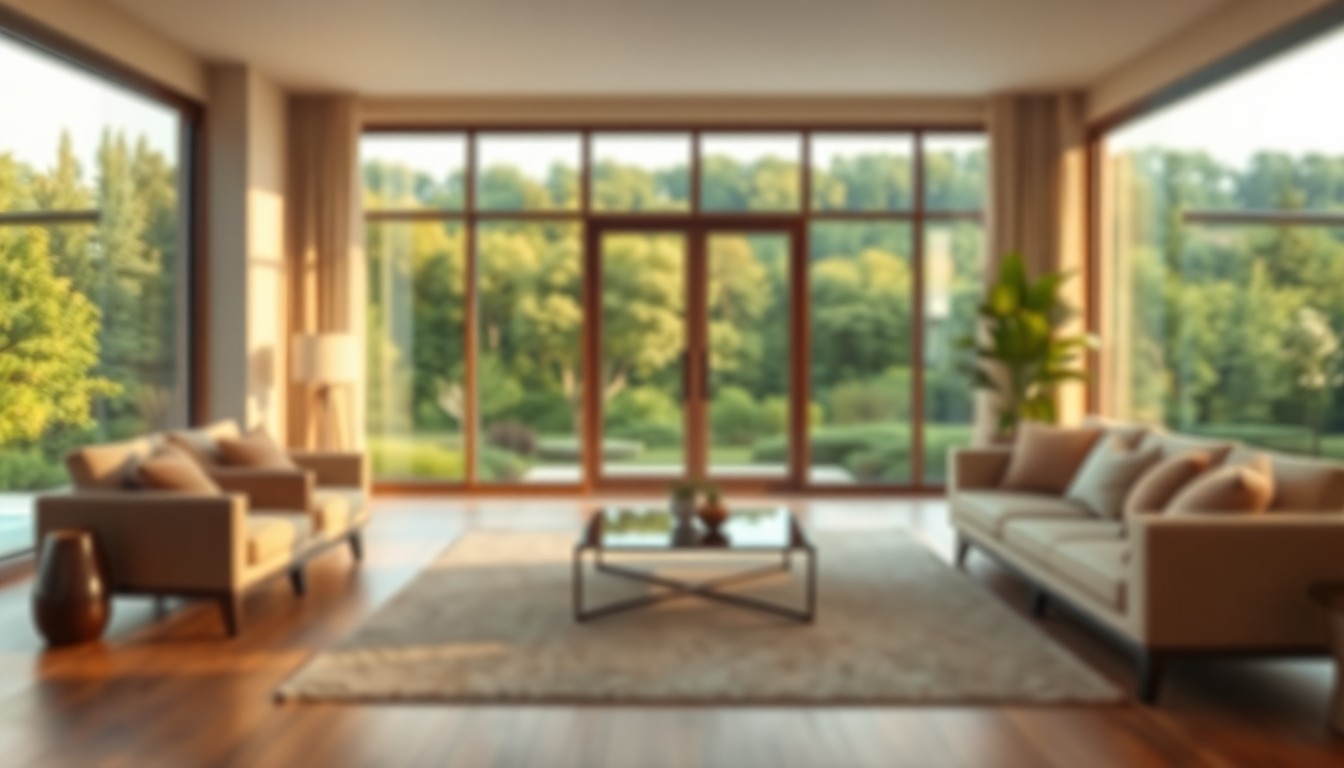 A softly focused, abstract photograph in warm, earthy tones depicting the interior of a modern, open-concept living room with large windows overlooking a lush, green landscape, conveying a sense of tranquility and natural light.