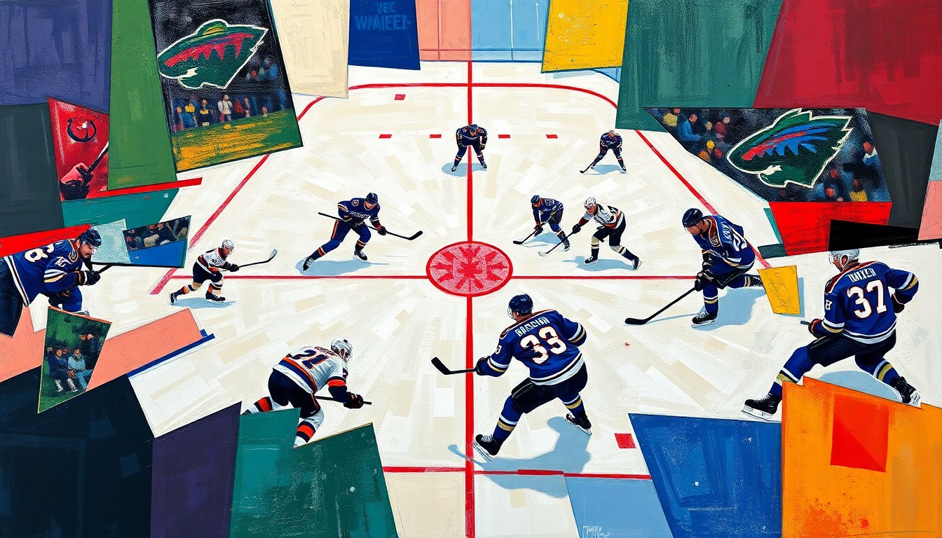 A cubist, geometric painting depicting the chaotic action of a hockey game, with fragmented shapes and planes of players, sticks, and pucks in the colors of the Minnesota Wild and St. Louis Blues uniforms.