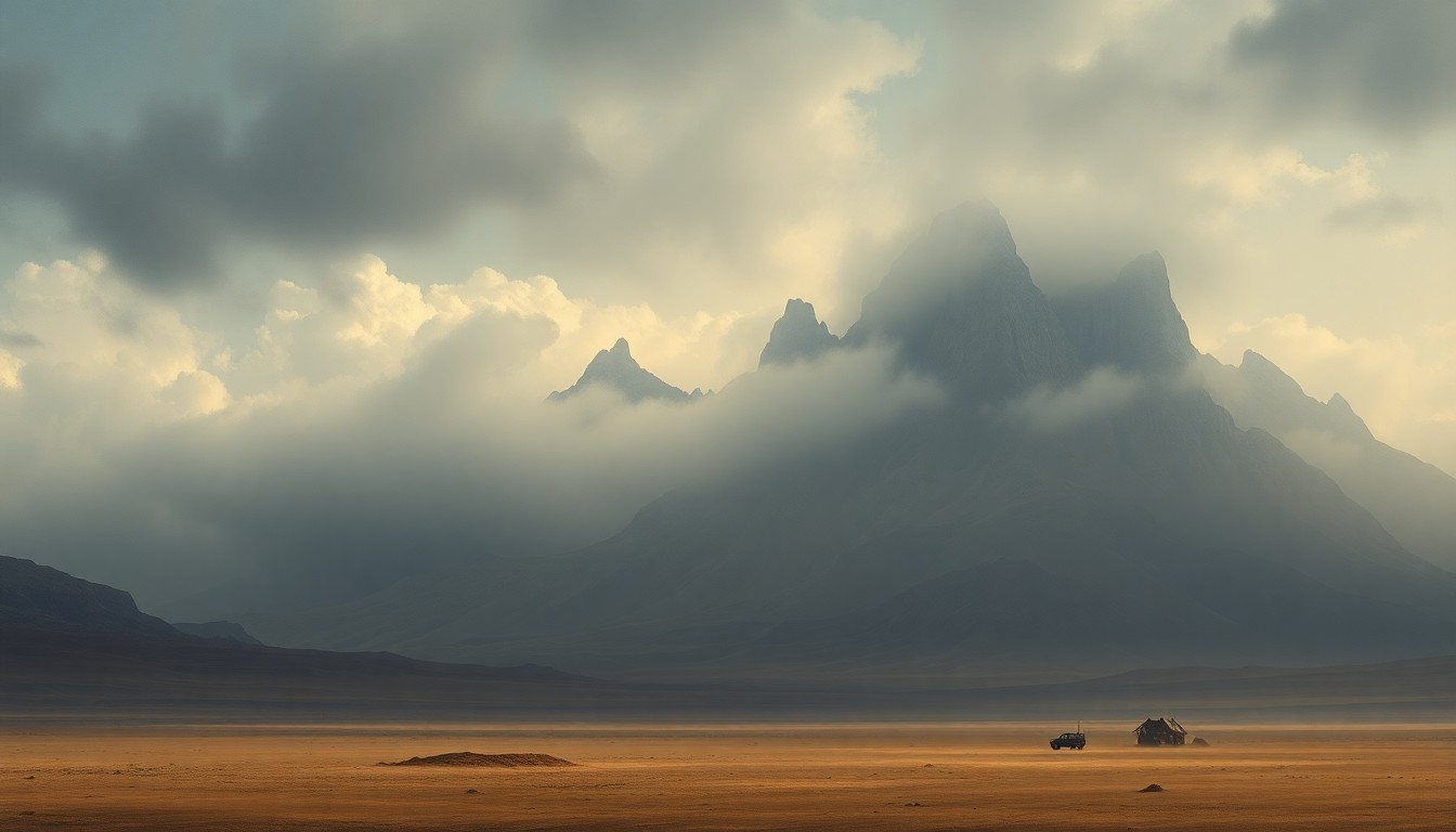 A sweeping, atmospheric landscape painting in muted earth tones, featuring a dramatic mountain range obscured by heavy fog and clouds, conveying the overwhelming scale and power of the natural environment.