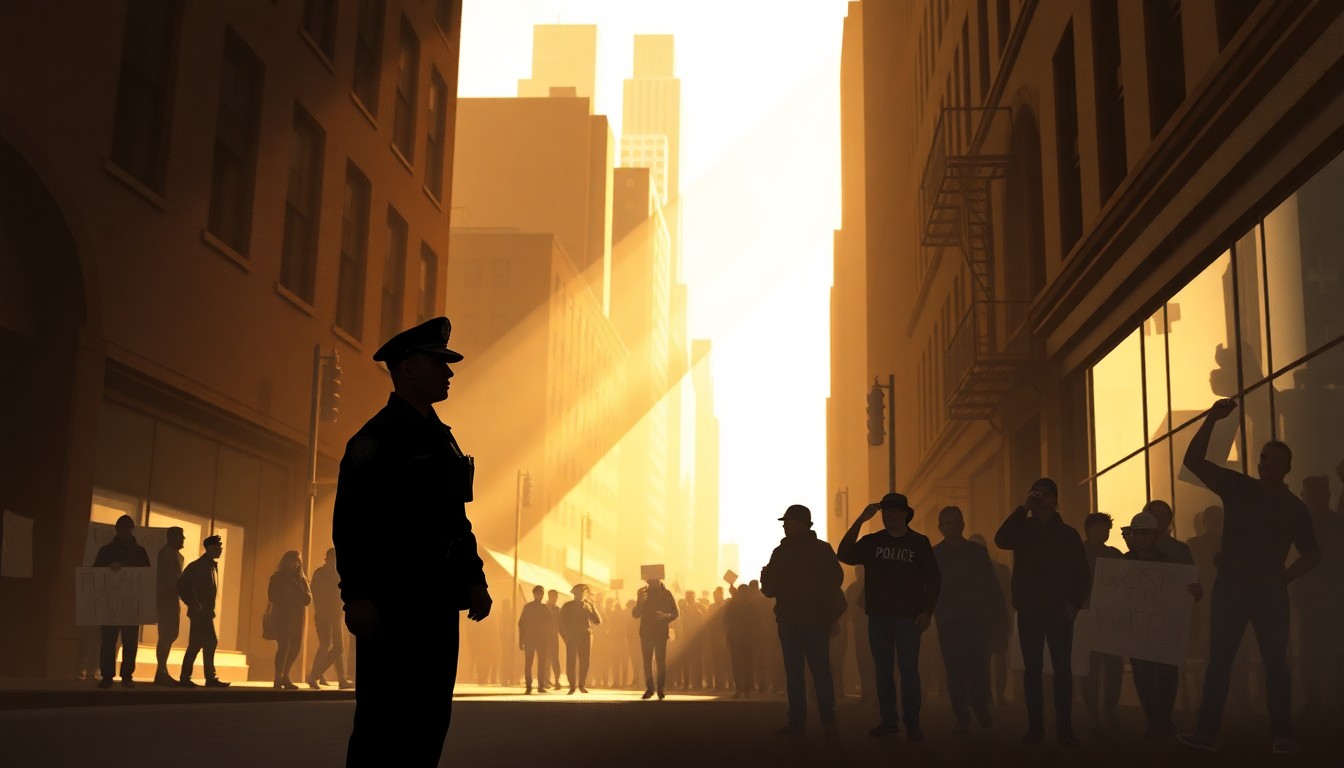 A cinematic painting of a lone police officer standing in the shadows of a New York City street, watching a crowd of protesters in the distance, with warm, diagonal sunlight and deep shadows creating a sense of quiet tension.