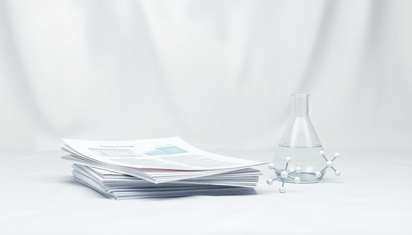 A photorealistic studio still life featuring a stack of pharmaceutical research papers, a beaker, and a stylized molecular model, symbolizing the abstract concepts of corporate strategy, innovation, and global collaboration in the life sciences industry.
