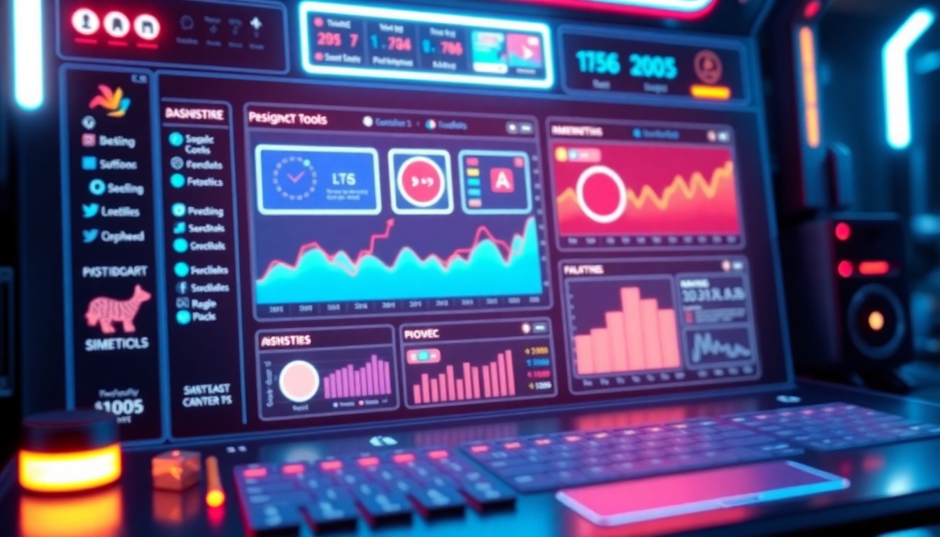 A highly detailed, glowing 3D macro illustration of a social media dashboard interface, with various design tools and analytics displayed in a futuristic, neon-lit cyberpunk style, representing the integration of creative design and social media management.
