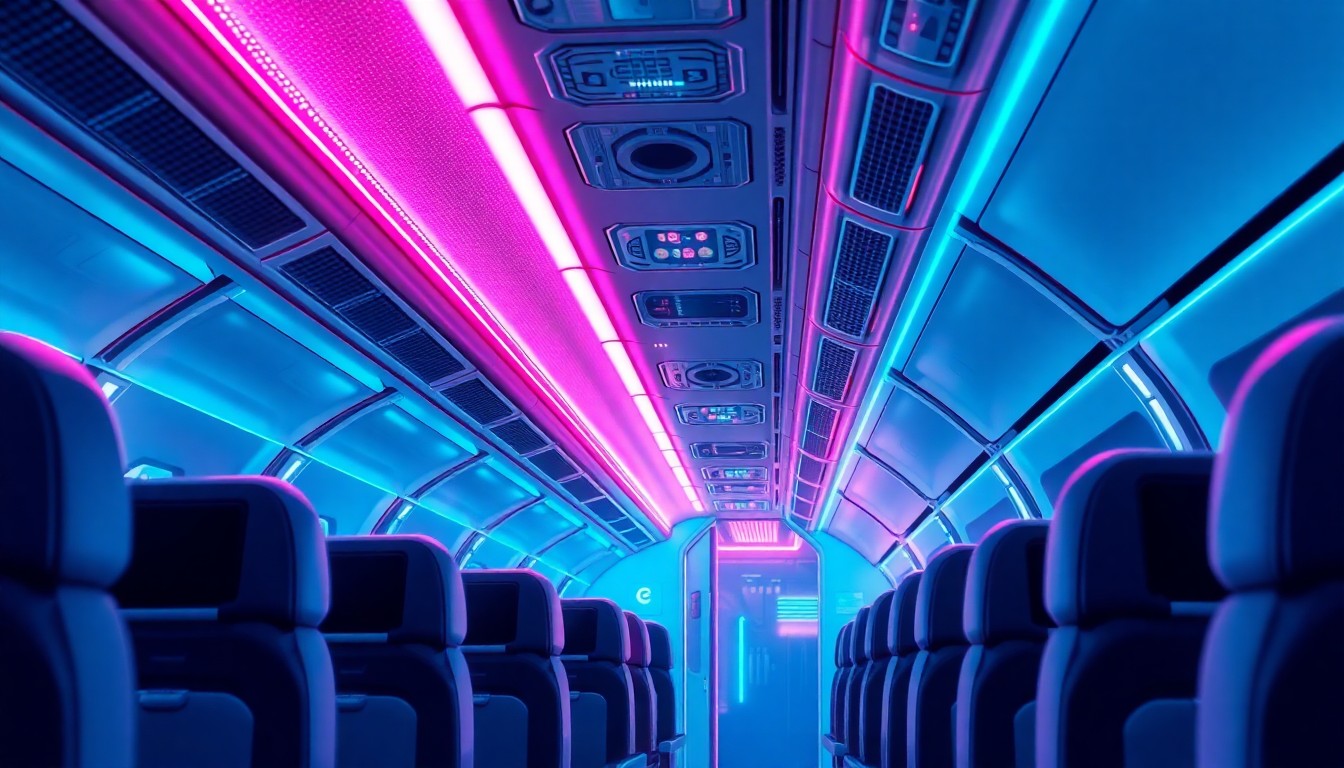 A highly detailed, 3D illustration of a glowing, futuristic aircraft interior with neon cyan and magenta lights illuminating the digital infrastructure and connectivity hardware, conceptually representing the advanced technology powering Air India's in-flight connectivity.