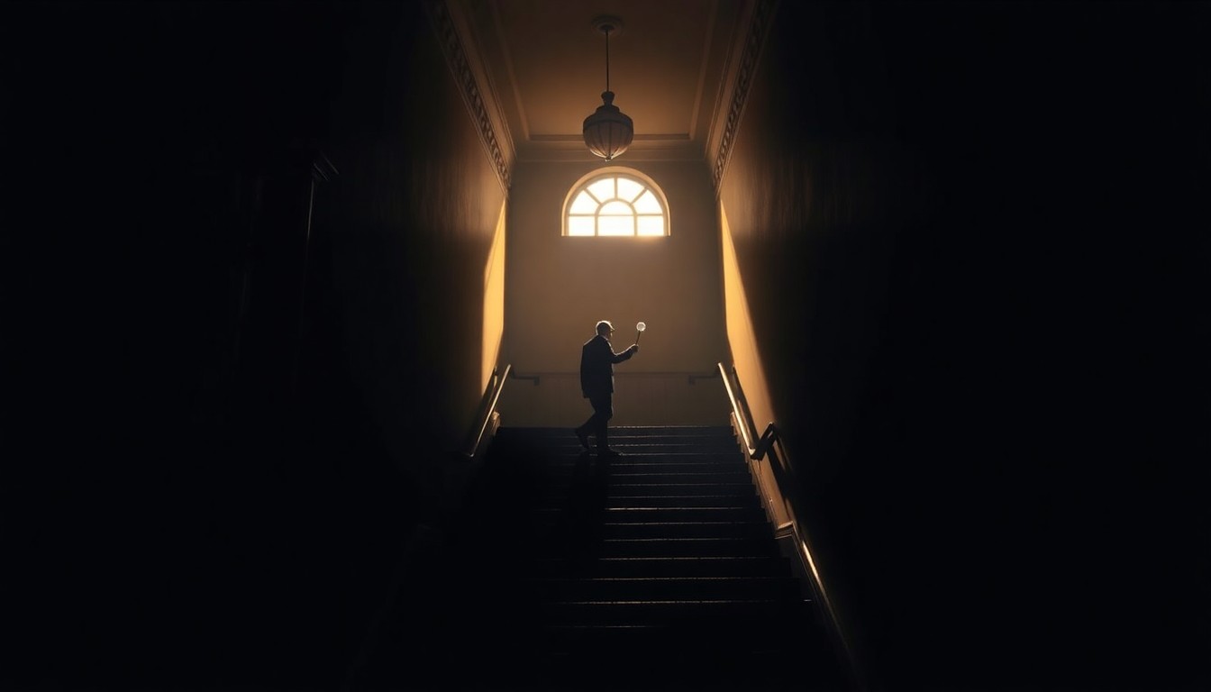 A dimly lit, cinematic hallway in a government building, with a lone figure in the distance holding a bubble wand and walking up the stairs, casting a long shadow in the warm, diagonal sunlight.