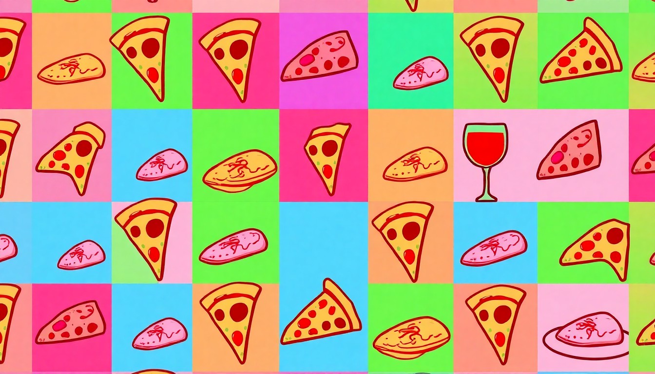 A high-contrast, silkscreen-style illustration of an iconic Italian food item, such as a slice of pizza or a pasta dish, repeated in a grid pattern with a neon color palette, capturing the lively spirit of the new Cugini's Italian Kitchen restaurant.