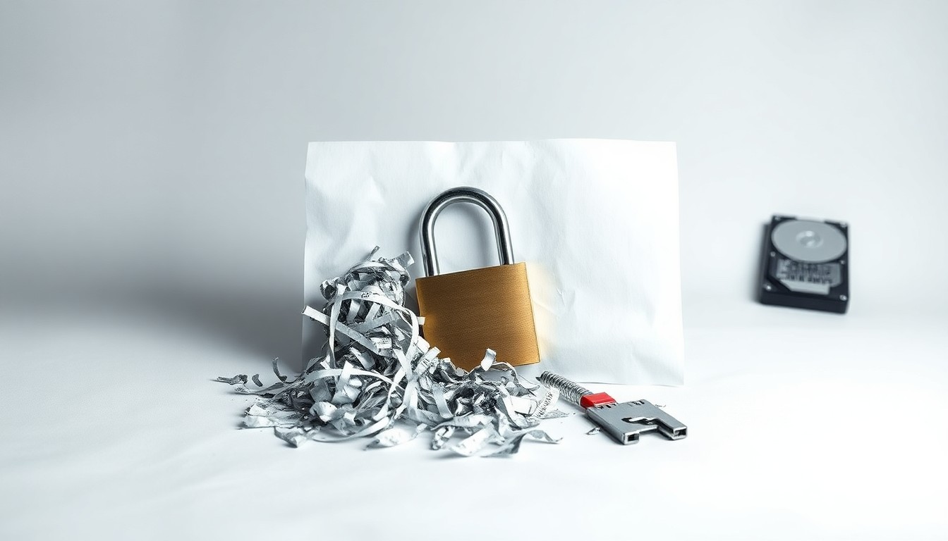 A photorealistic studio still life featuring a shredded document, a broken padlock, and a cracked computer hard drive, conceptually representing the aftermath of a data breach and the loss of privacy and security.