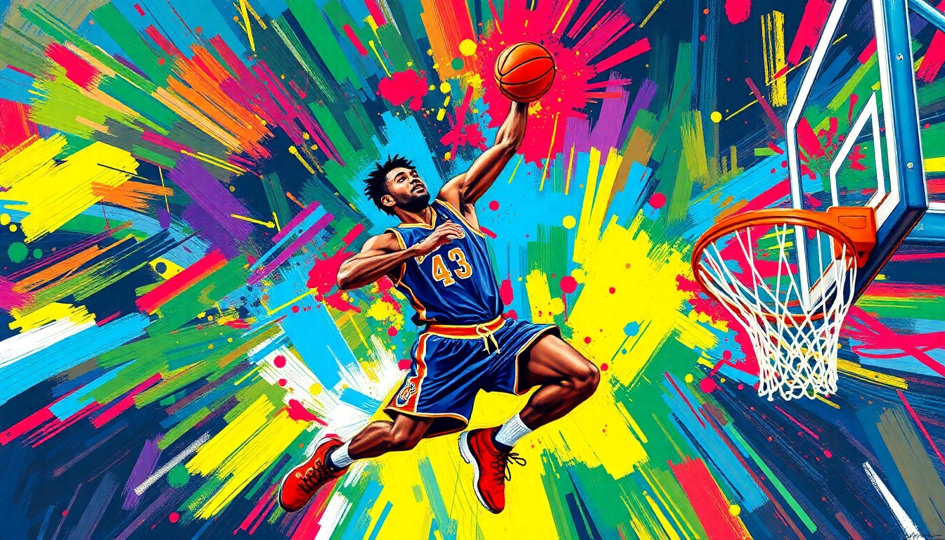An abstract, neon-colored painting featuring a basketball player in motion, with rapid brushstrokes and blurred forms conveying the intensity and unpredictability of the sport.