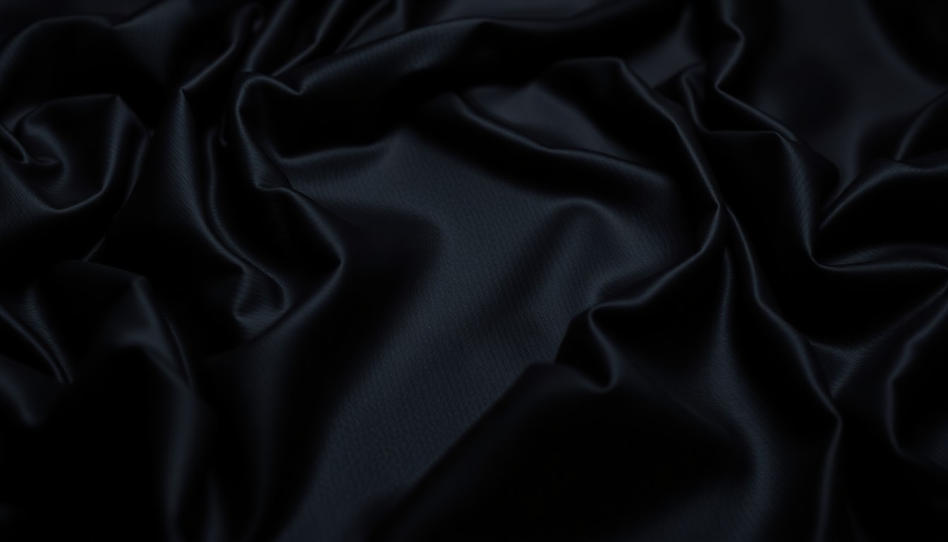 An extreme close-up photograph of a crumpled, shiny black satin fabric, lit dramatically with high-contrast studio lighting to create a moody, introspective mood.
