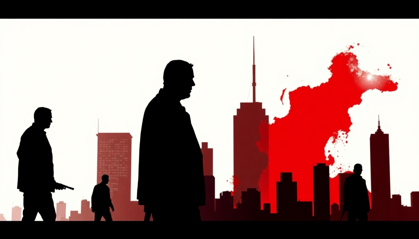 A minimalist, abstract illustration using bold black shapes and high-contrast colors to represent the drama and suspense of a TV crime investigation, without any text or identifiable elements.