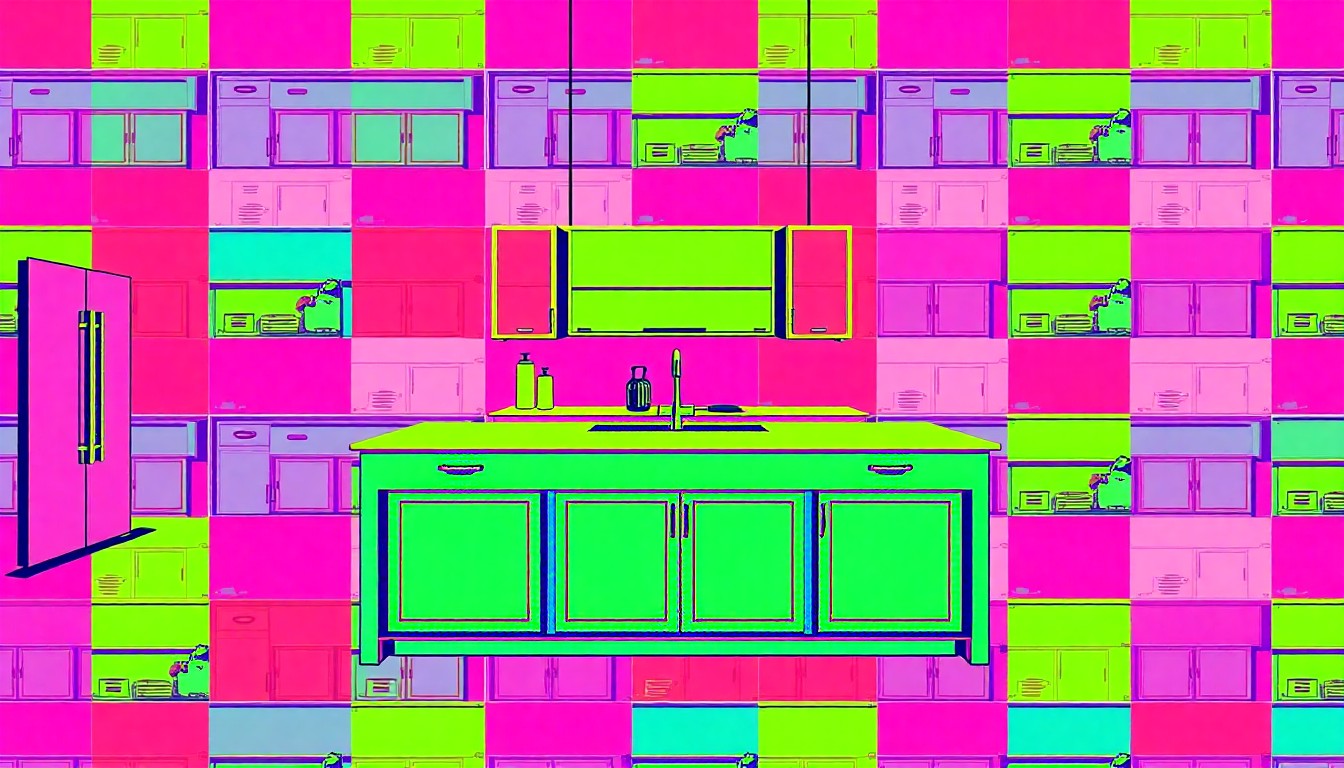 A brightly colored, high-contrast silkscreen print of a custom kitchen island, repeated in a tight grid pattern in the style of Andy Warhol, conceptually representing the luxurious design elements of a Brentwood, Tennessee estate.