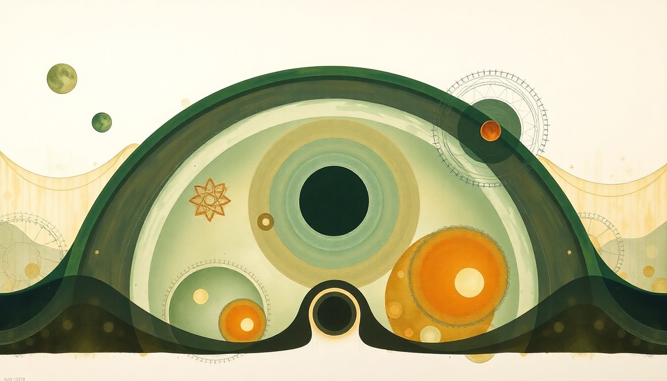 A bold, abstract painting featuring sweeping geometric arcs, concentric circles, and precise botanical spirals in earthy tones of green, blue, and brown, conceptually representing the structural order and complex forces of the scientific world.