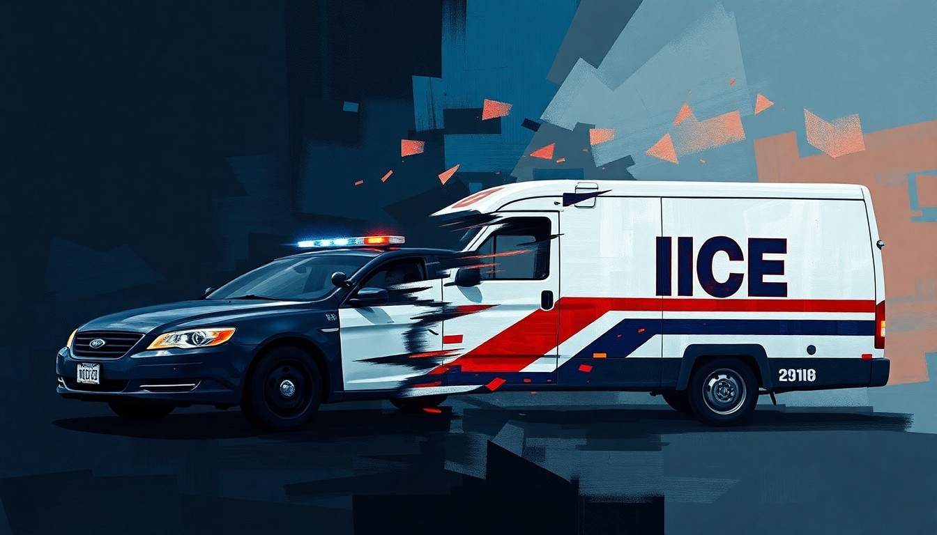 A dynamic, abstract painting of overlapping, fractured shapes in shades of blue, red, and gray, conceptually representing the clash between state and local immigration policies.