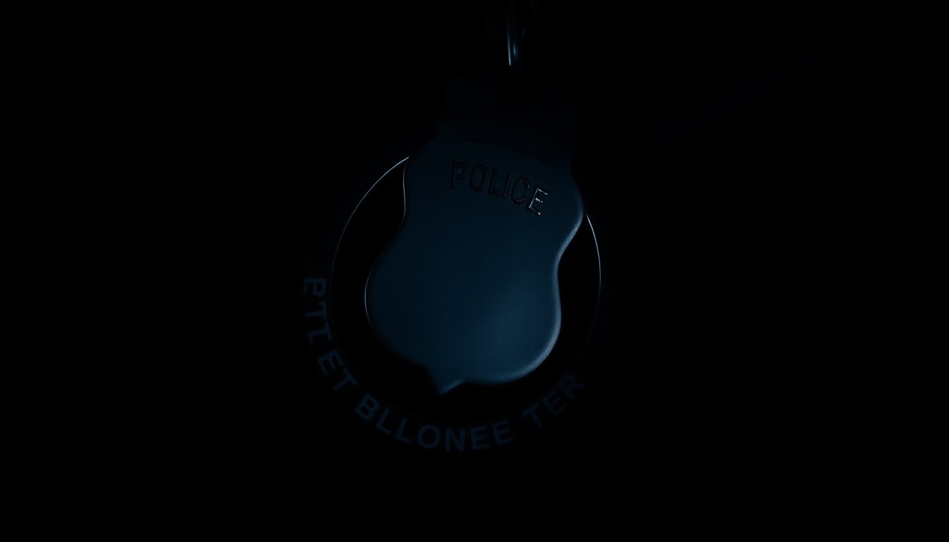 An extreme close-up photograph of a police badge or handcuff against a pitch-black background, lit by a harsh, direct camera flash, conceptually representing the gritty, investigative nature of the officer-involved shooting inquiry.
