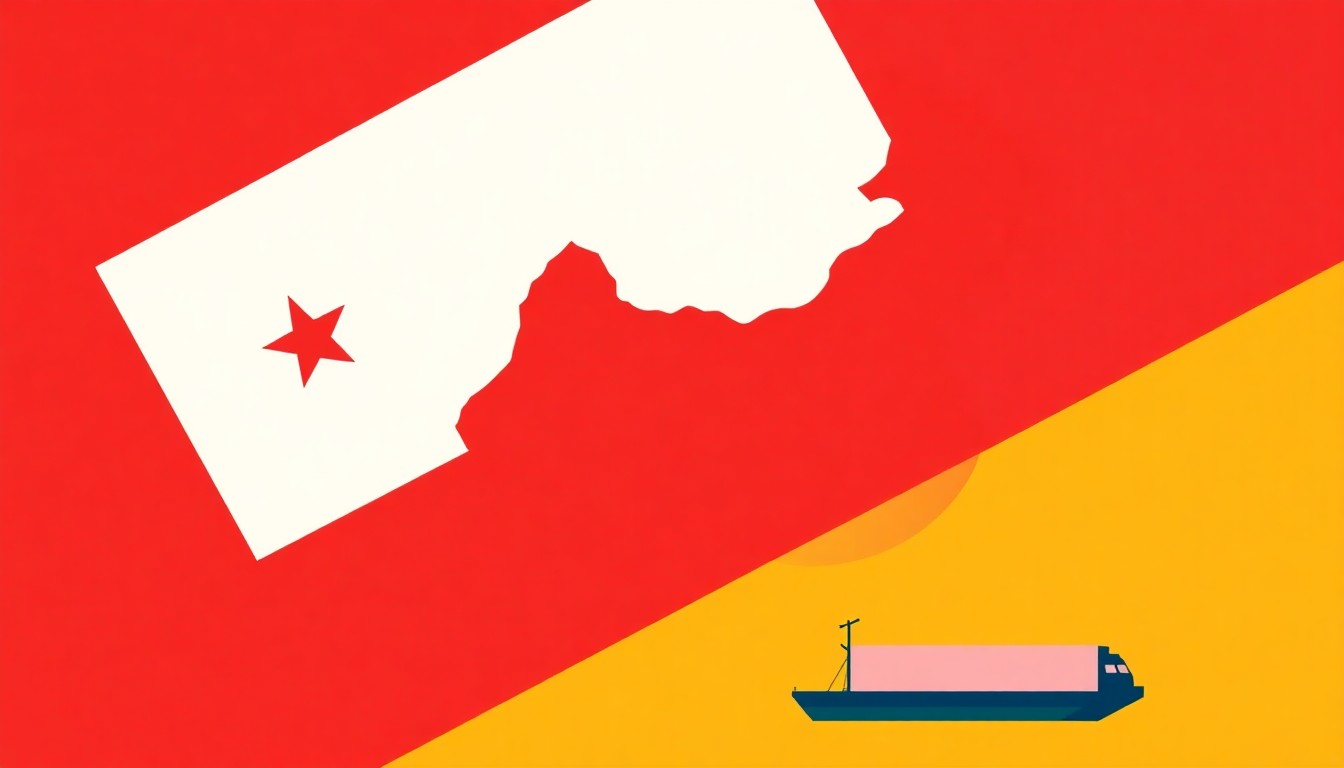 An abstract illustration using bold geometric shapes in primary colors to conceptually represent the slowdown in China's exports due to the global impacts of the Iran war.