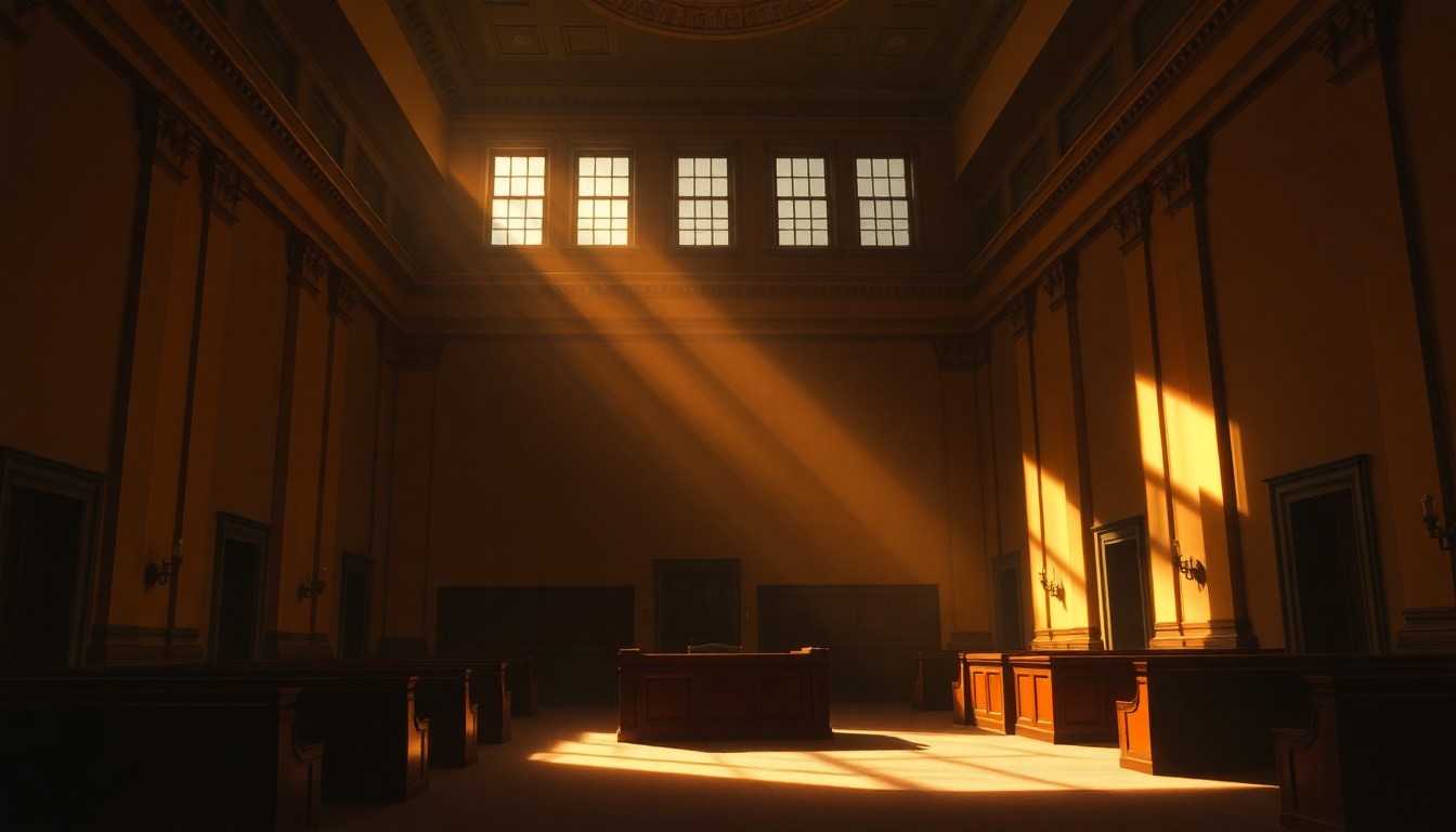 A dimly lit, cinematic painting of an empty government office or legislative chamber, with warm sunlight streaming in through the windows and deep shadows cast across the room, creating a sense of solitude and contemplation.
