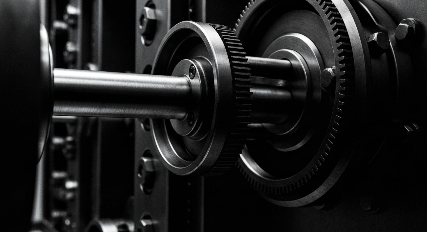 A close-up, cinematic shot of the inner workings of a bank vault or financial machinery, rendered in high-contrast black and white tones to convey a sense of industrial power and stability.