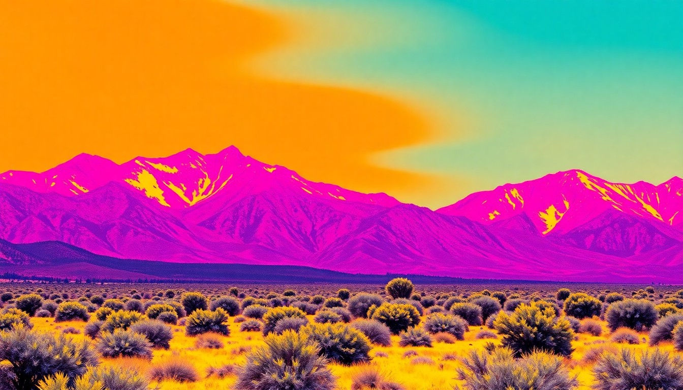 A brightly colored, high-contrast silkscreen print of the Sangre de Cristo mountains in Santa Fe, New Mexico, repeated in a tight grid pattern with flat, vibrant, and unnatural neon color palettes overlapping with heavy black photographic outlines, conceptually representing the luxury and exclusivity of the Las Campanas community.
