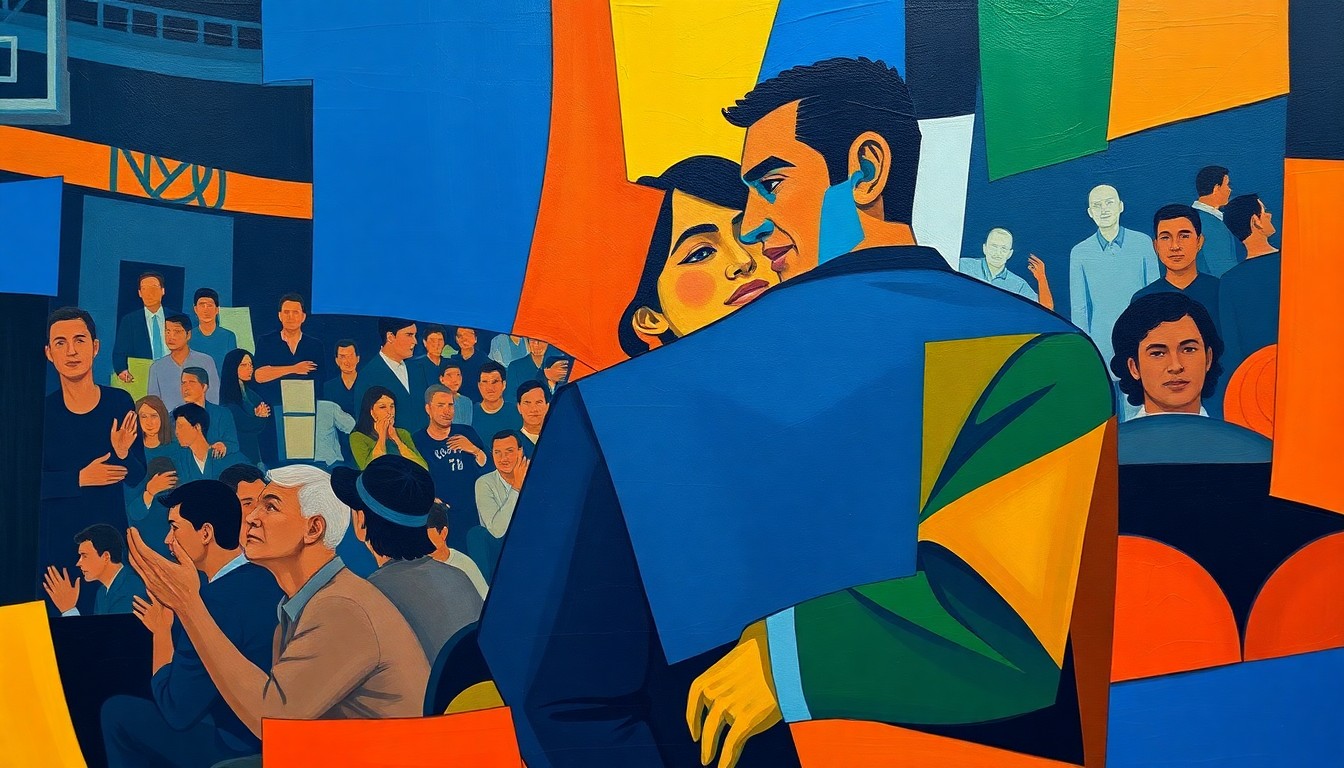 A cubist, fractured painting in bright colors depicting the animated exchange between the couple at the basketball game, with their faces and forms broken down into sharp, overlapping geometric shapes that capture the energy and emotion of the viral moment.