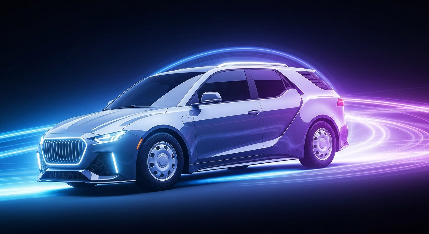 An abstract blur of bright colors and dynamic motion, conceptually representing the speed and modern engineering of an electric pickup truck.