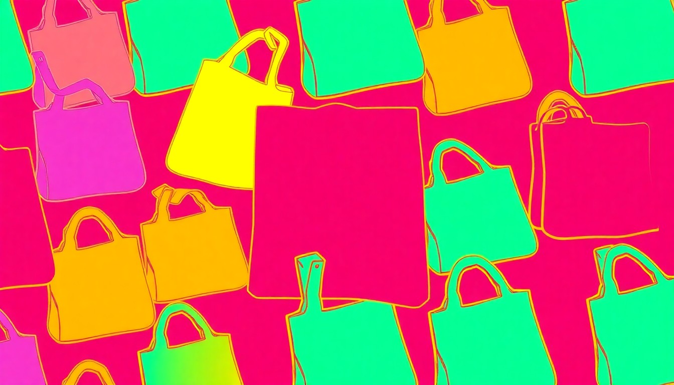 A high-contrast, silkscreen-style image of a reusable grocery bag or organic produce item repeated in a grid pattern, using bright, unnatural colors and heavy black outlines to create a modern pop art representation of everyday consumer habits.