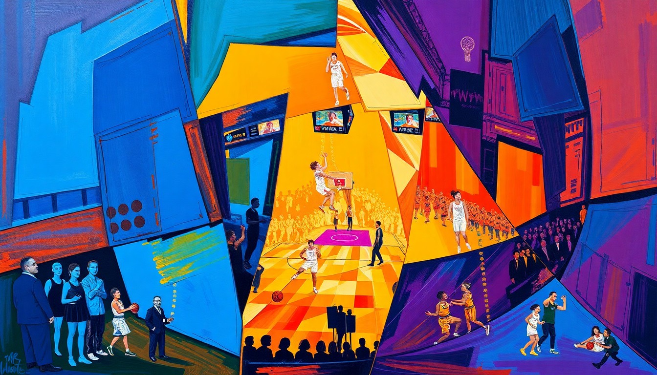 A cubist-style painting featuring overlapping geometric shapes and planes in vibrant colors, representing the energy and excitement of the WNBA draft.