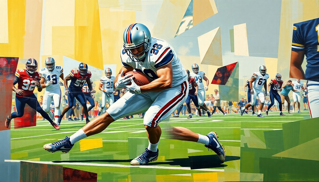 A cubist, geometric painting depicting a college football player making a tackle, with the player's body and the action broken down into sharp, overlapping planes of color, capturing the intensity and physicality of the sport.