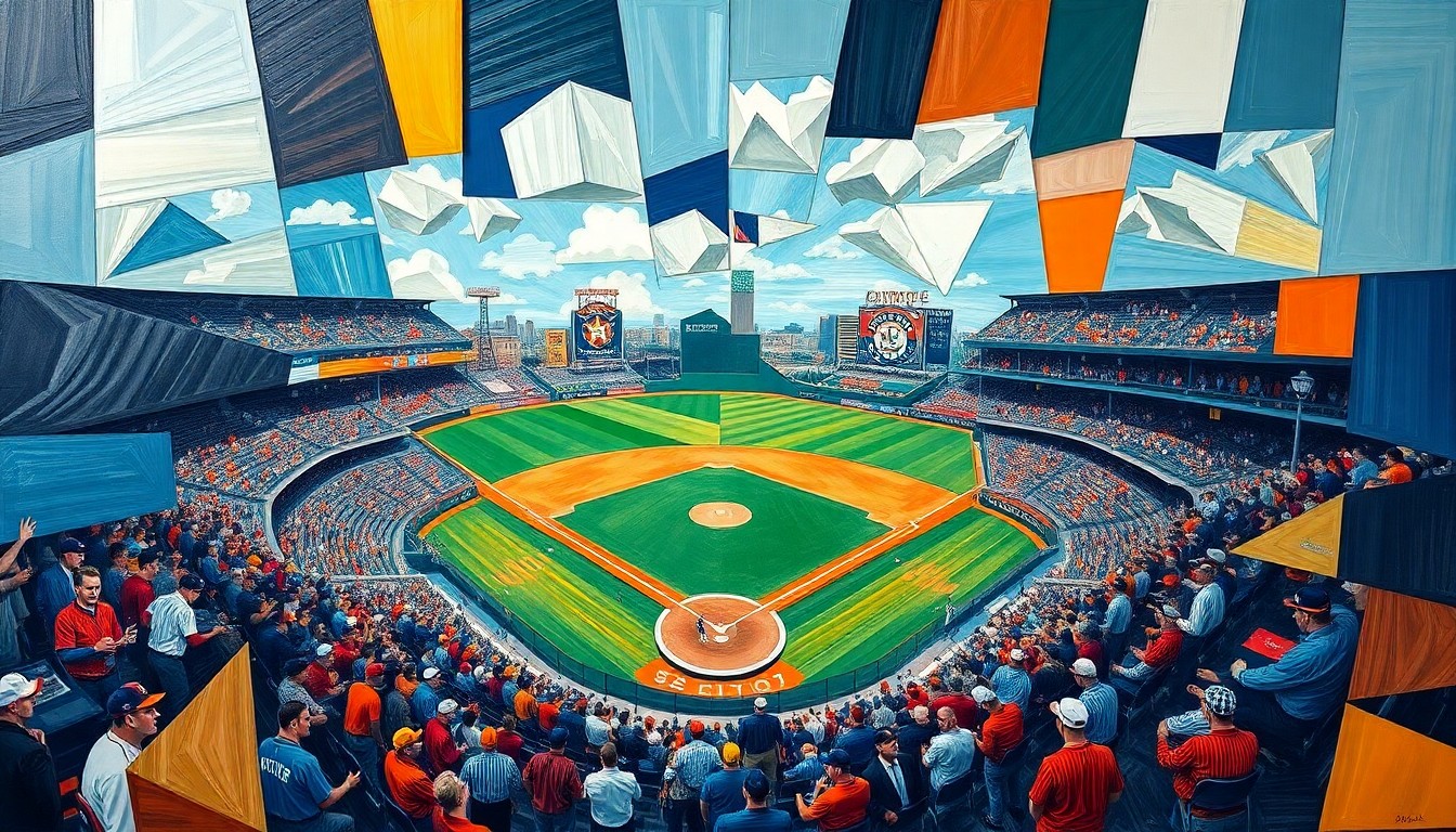 A cubist, geometric painting depicting a baseball game between the Seattle Mariners and Houston Astros, with the players and field broken down into overlapping angular shapes and planes in a vibrant color palette.