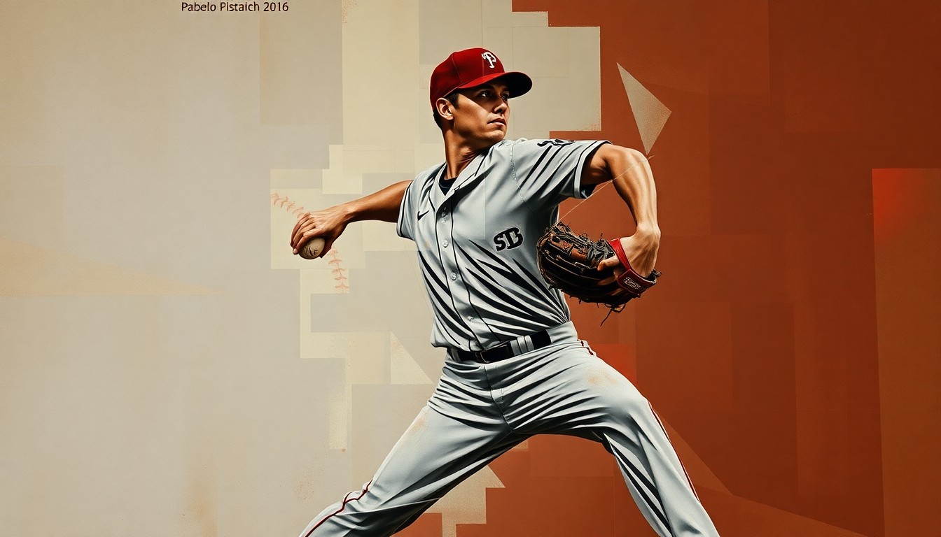 A fragmented, cubist-style painting depicting the motion of a baseball pitcher in sharp, overlapping geometric shapes, conveying the intensity and dynamism of the sport.
