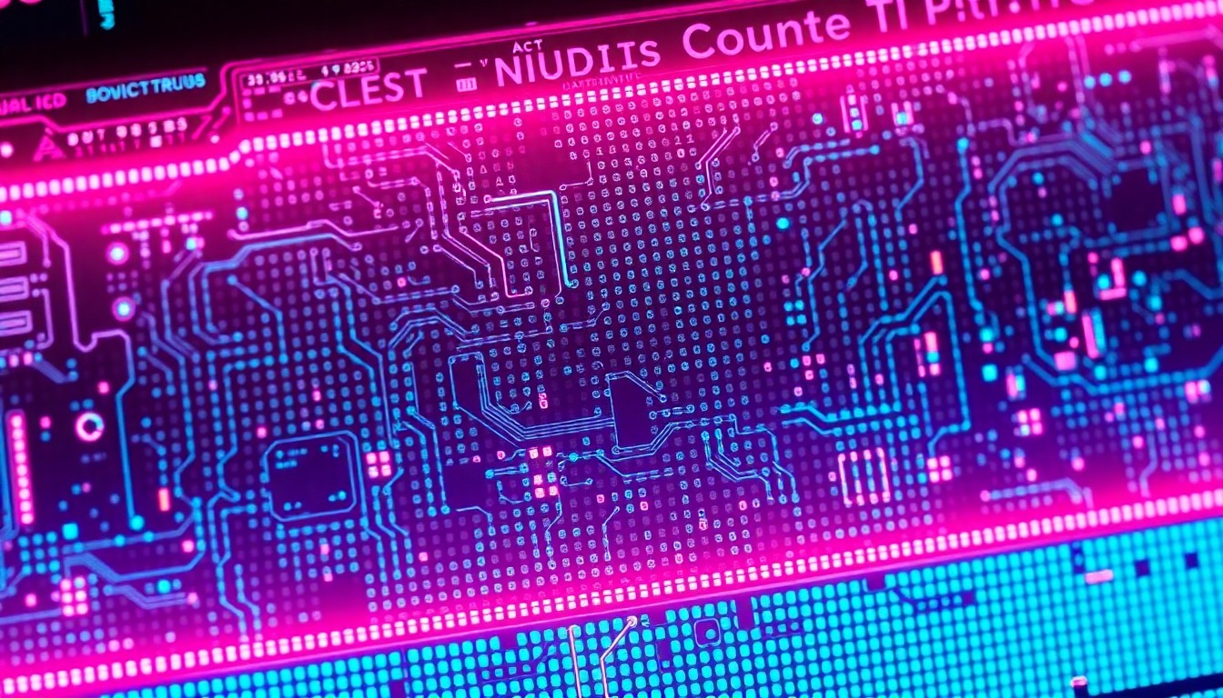 A highly detailed, 3D macro illustration of a glowing, futuristic LED display panel with intricate circuitry and neon cyan and magenta lighting, conceptually representing the advanced display technology showcased by Daktronics.