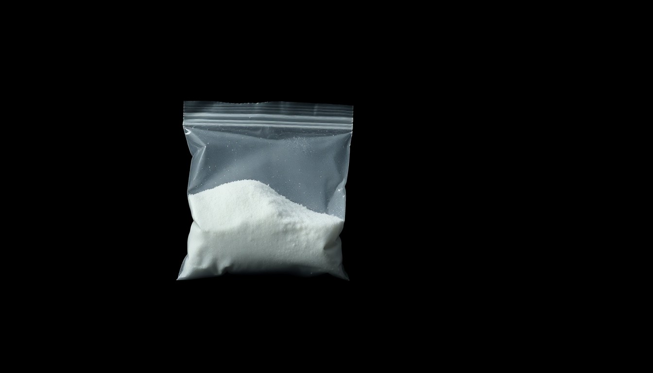 An extreme close-up of a small plastic bag containing an unidentified white powder substance, lit by a harsh, direct camera flash against a pitch-black background, conceptually illustrating the seizure of illegal drugs by law enforcement.