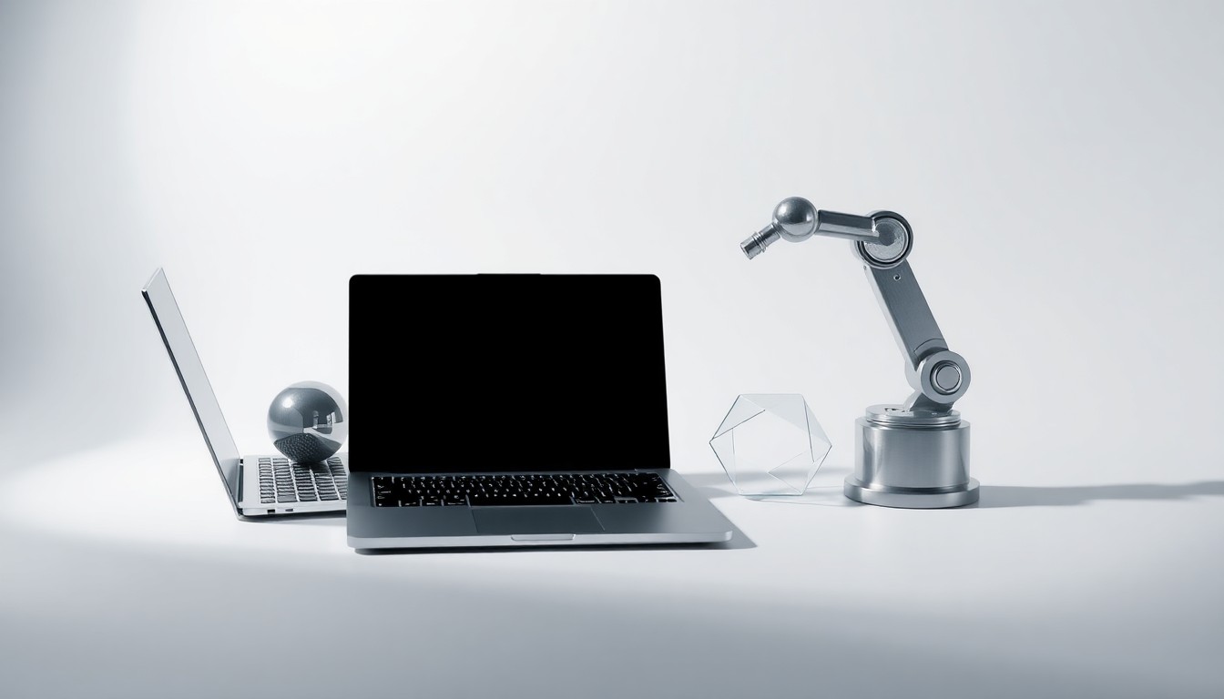 A high-end, photorealistic studio still-life photograph featuring a sleek, modern laptop, a stylized robotic arm, and a few geometric shapes made of polished metal and glass, all arranged elegantly on a clean, monochromatic seamless background. The objects are lit dramatically with sharp shadows, conceptually representing the abstract concepts of supply chain optimization, financial strategy, and the intersection of technology and operations.