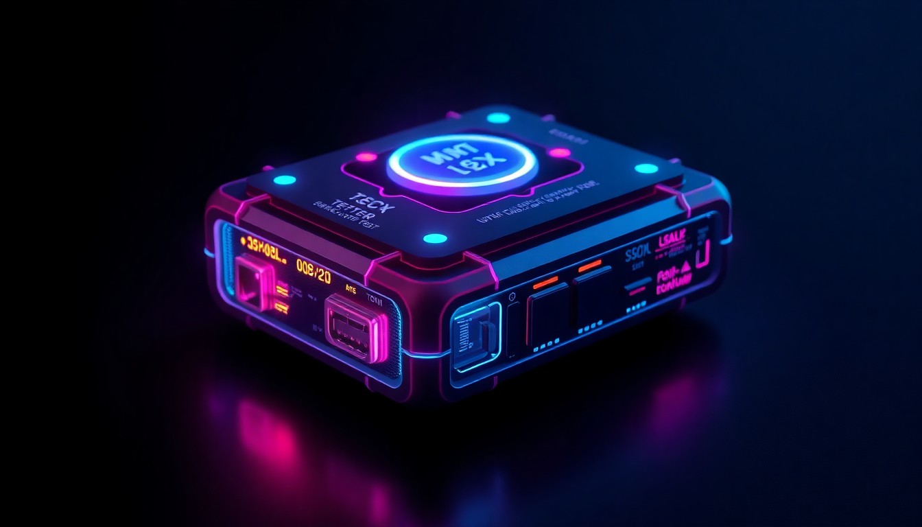 A highly detailed, glowing 3D illustration of a futuristic tech device with illuminated circuit boards, sensors, and data ports, conceptually representing the critical role of cybersecurity in connected mobility.