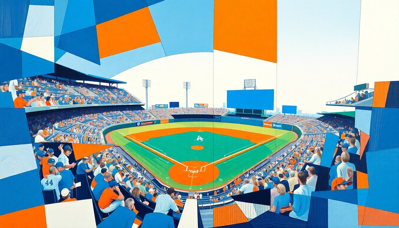 A cubist, geometric painting depicting a baseball game in motion, with players and the field fragmented into overlapping angular shapes in shades of blue, orange, and white.