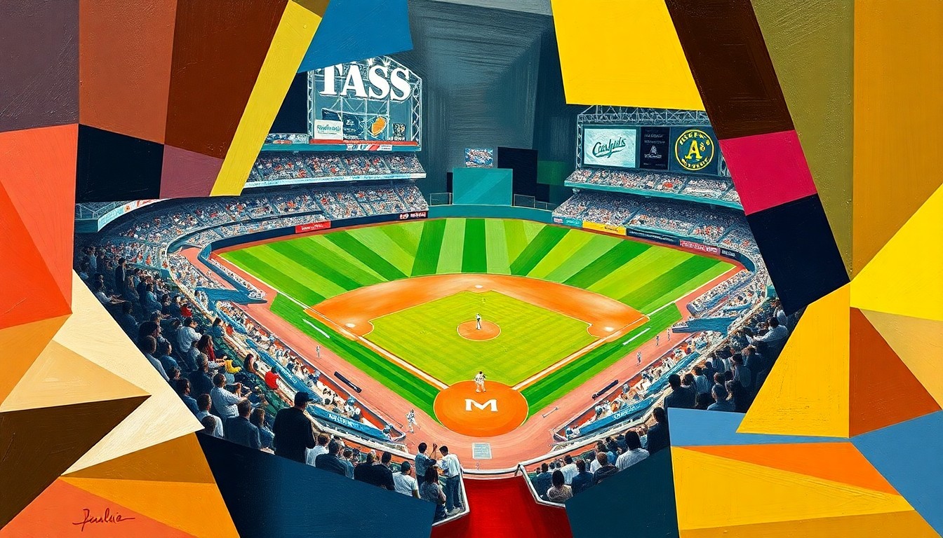 A cubist, geometric painting depicting a baseball game in motion, with overlapping shapes and planes representing the players, field, and action.
