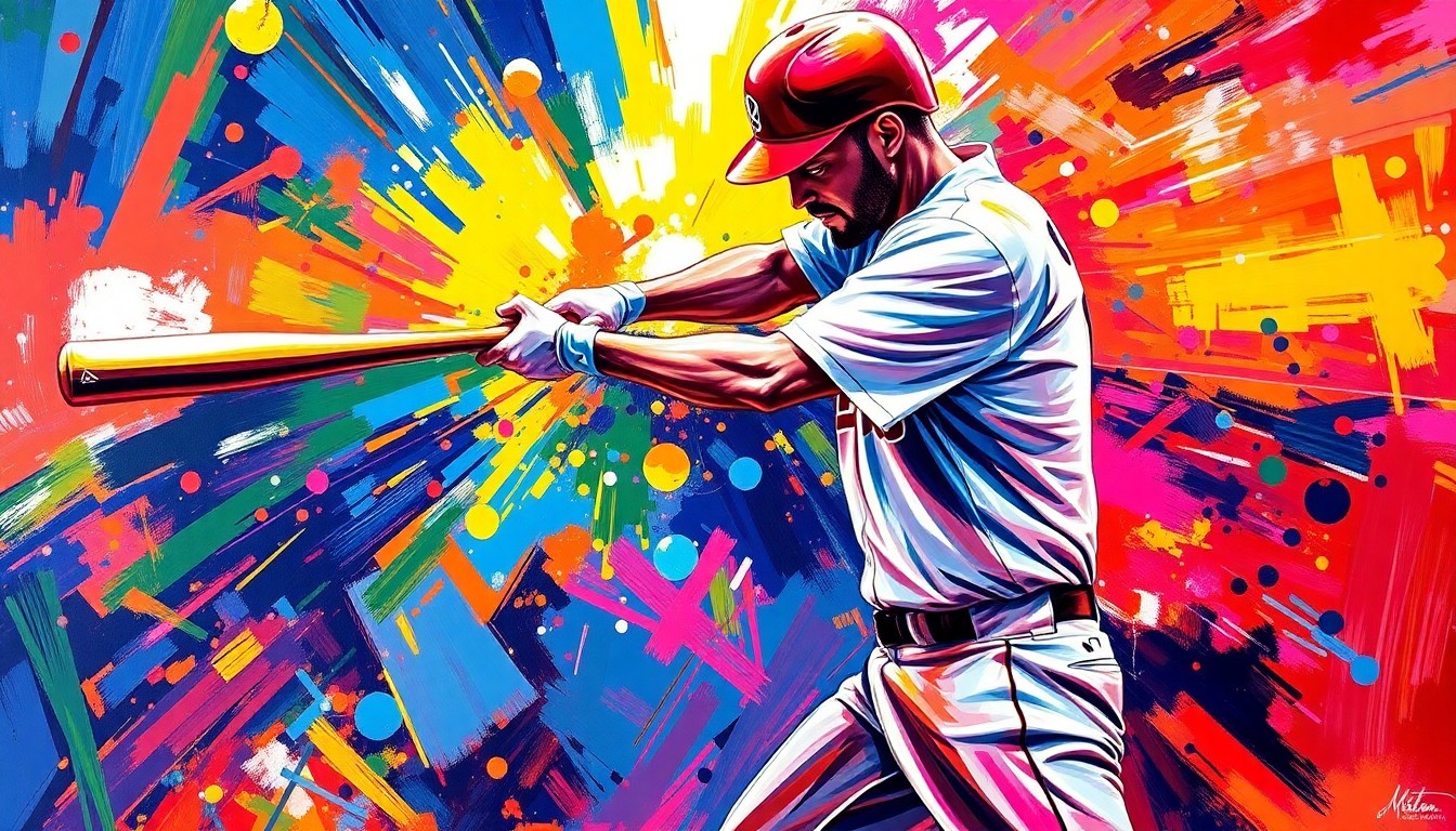 An abstract, energetic painting using bold, neon-like brushstrokes to depict the dynamic motion and raw power of a baseball player swinging the bat and connecting for a home run.