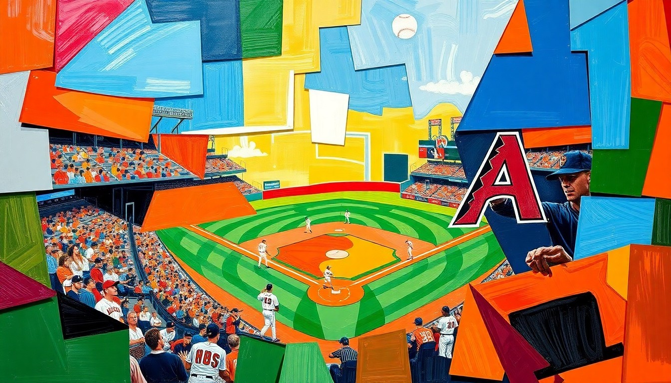 A cubist-style painting featuring overlapping geometric shapes and planes in shades of orange, blue, and green, conceptually representing the action and energy of a baseball game between the Orioles and Diamondbacks.