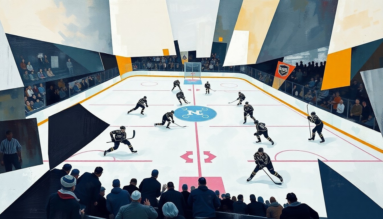 A cubist, geometric painting depicting a hockey game between the Los Angeles Kings and Seattle Kraken, with the players' movements and the action on the ice broken down into abstract shapes and planes of color.