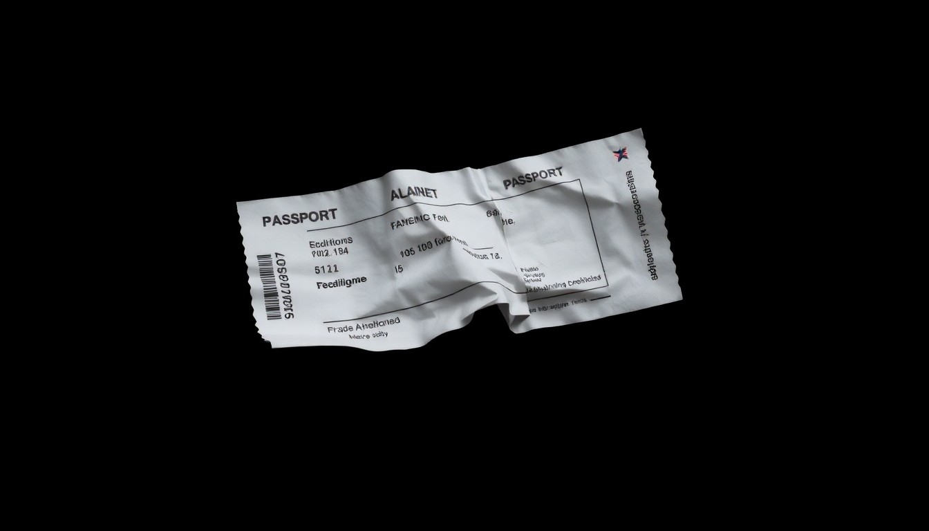 An extreme close-up photograph of a crumpled plane ticket or passport, the harsh flash illuminating the worn edges and creases of the travel document, conveying a sense of the sudden and unexplained circumstances surrounding the tragedy.