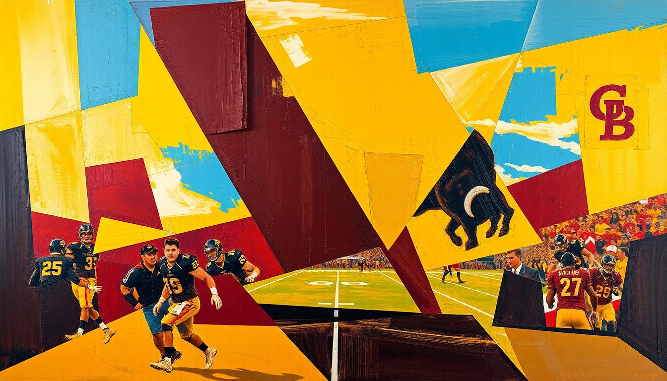 A cubist, geometric painting depicting a Colorado Buffaloes football game or practice, with sharp, overlapping planes of maroon, gold, and blue representing the fragmented, multi-perspective nature of the sport.