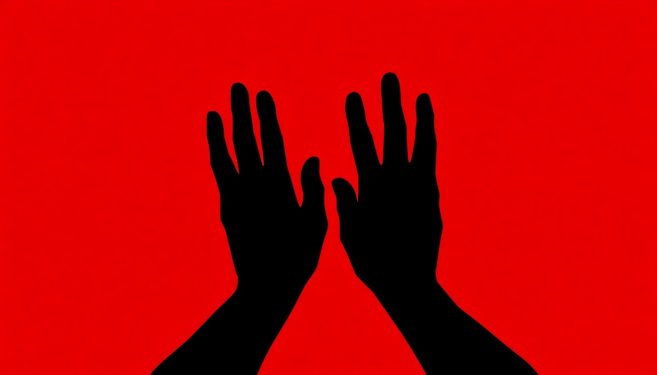 A striking black silhouette of two hands reaching towards each other against a bright red background, conceptually representing the themes of connection and division explored in the play 'Cherry Docs'.