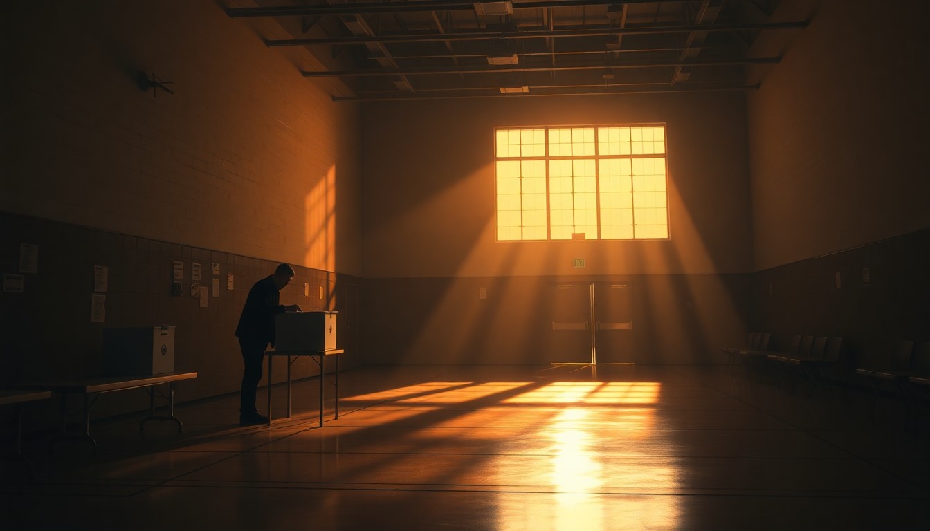 A dimly lit school gymnasium with a single voter casting a ballot, the scene bathed in warm, diagonal sunlight and deep shadows, capturing the solitary nature of the democratic process.