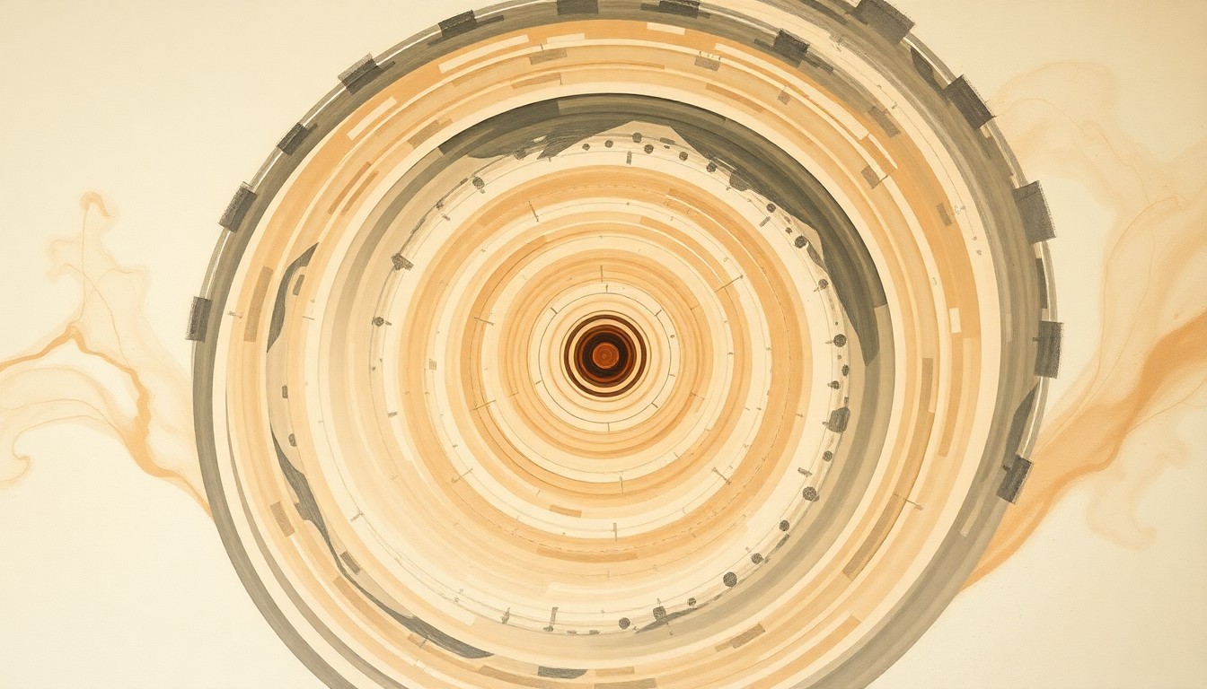 A bold, abstract painting in muted greens, blues, and grays, featuring sweeping geometric shapes and spiraling patterns that evoke the complex structures and forces of the quantum realm, conveying the lab's mission to explore the fundamental nature of matter and energy.