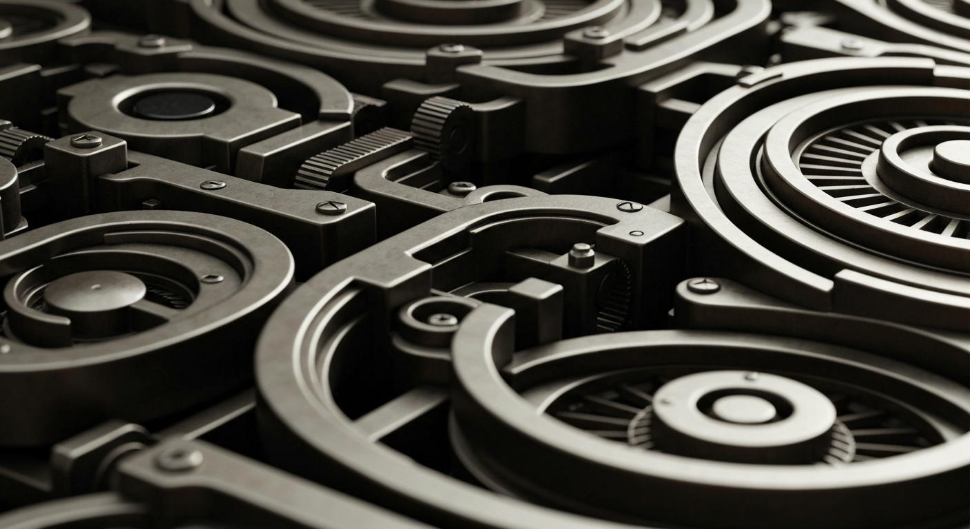 An extreme close-up of a complex network of gears, levers, and mechanisms in muted industrial tones, representing the intricate financial infrastructure and institutional power of Brookfield Asset Management.