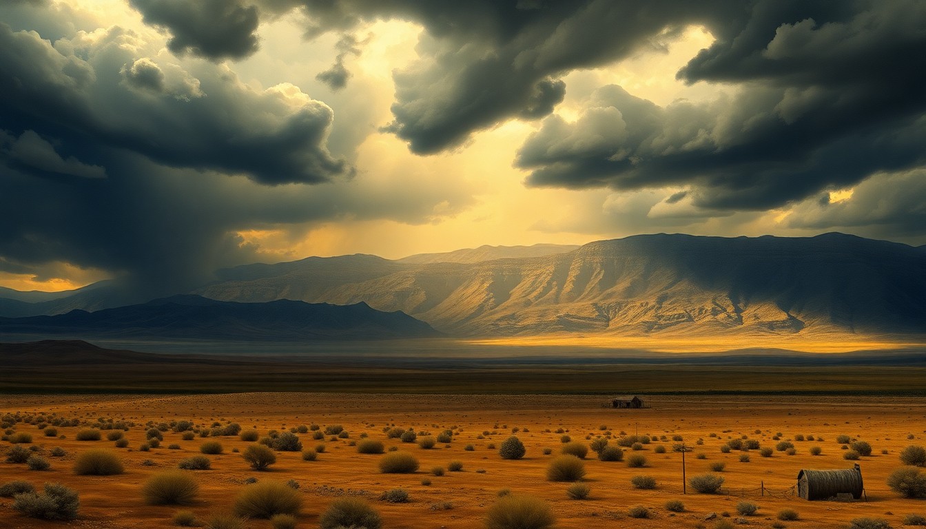 A vast, atmospheric landscape painting in muted earth tones, with a dramatic, cloudy sky looming over a sparse desert scene, conveying the overwhelming scale and power of the natural environment.