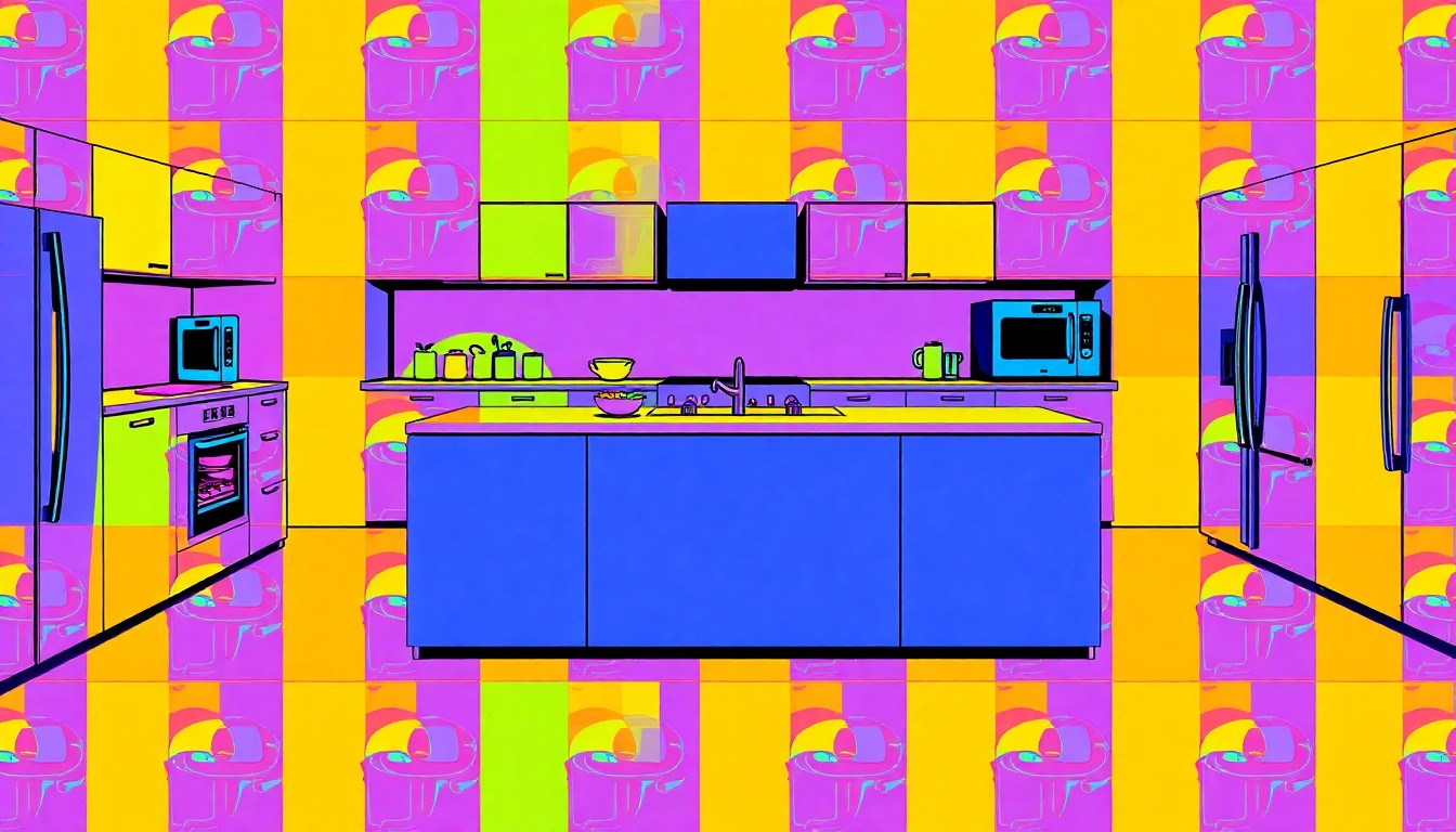 A brightly colored, high-contrast silkscreen print of a modern kitchen island with sleek cabinetry and premium appliances, repeated in a tight grid pattern, conceptually representing the thoughtful design and premium finishes of this Austin home.