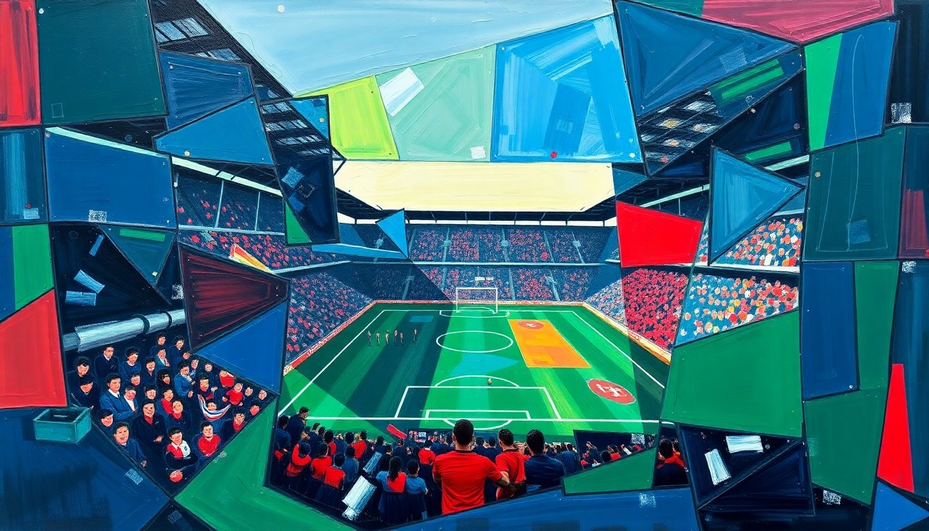 A fragmented, geometric painting depicting a Scottish football match, with players and the ball broken down into sharp, overlapping planes of color, conceptually representing the divisive use of video assistant refereeing technology.