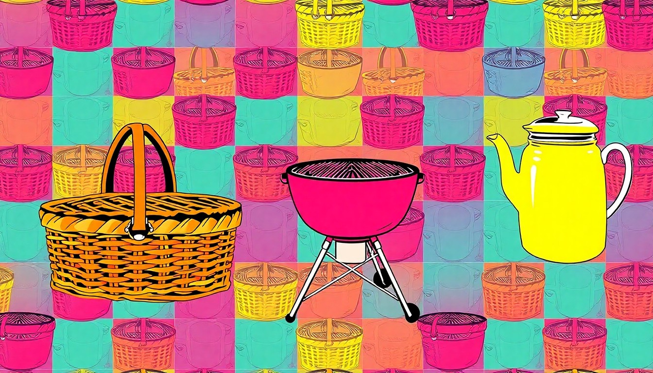 A brightly colored, high-contrast silkscreen print of vintage picnic items like a wicker basket, barbecue grill, and lemonade pitcher repeated in a tight grid pattern, capturing the celebratory energy of a community gathering.